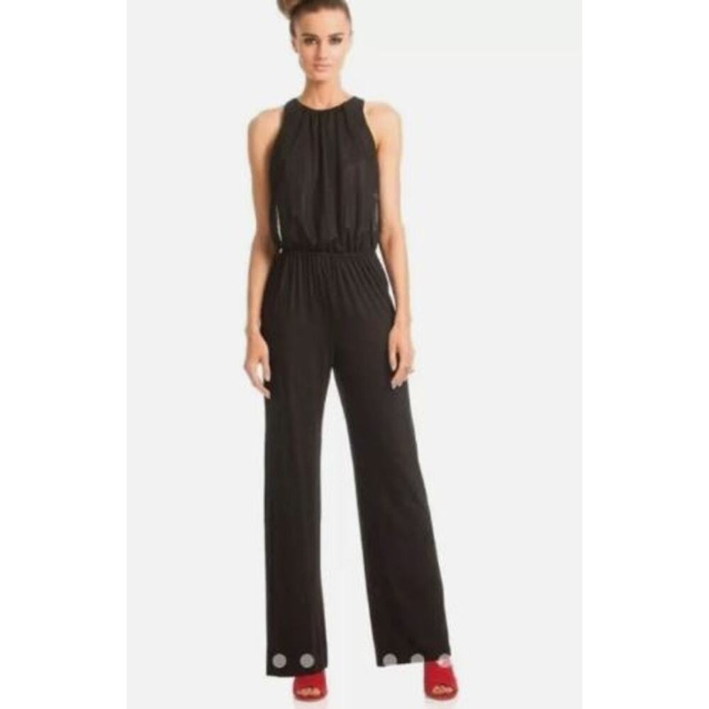 Trina Turk Black Wide Leg Jumpsuit Mesh Overlay Tank Top Sleeveless High Neck M